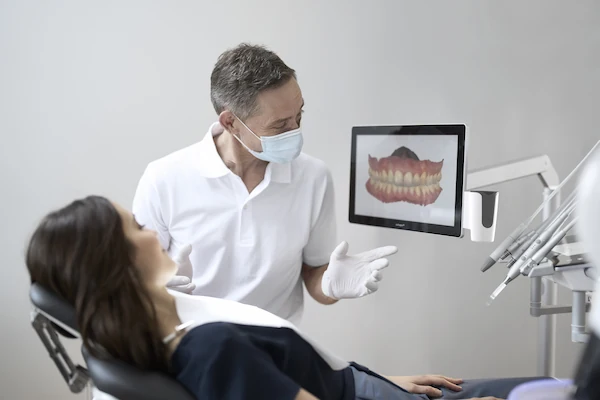 Dentista en su consultorio utilizando el TRIOS 5 Wireless que garantiza la bioseguridad en odontología